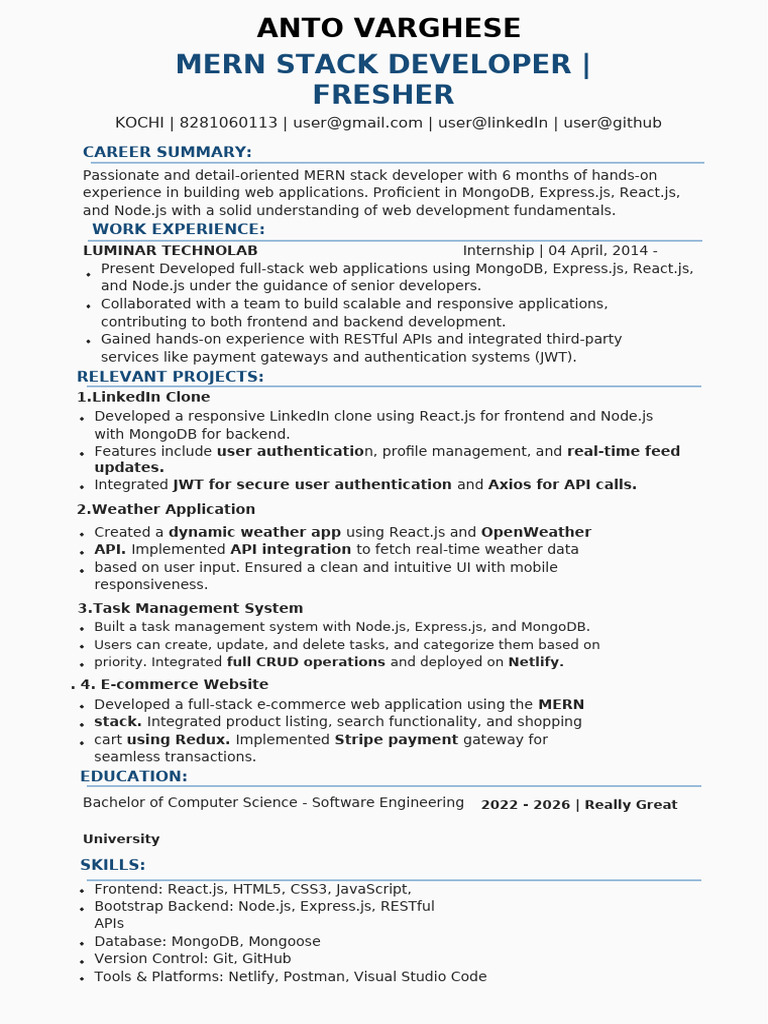 MERN Stack Developer Resume - Fresher | PDF | Web Development | World ...