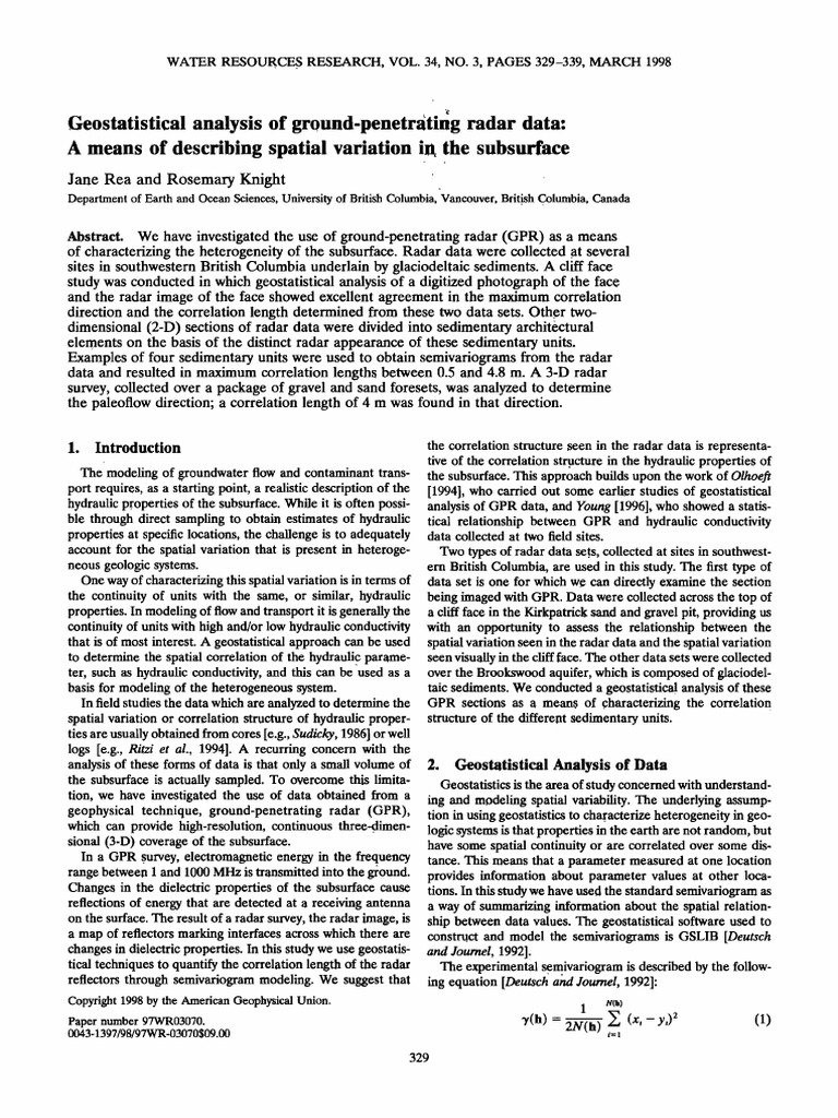 1998WRR - Geostatistical Analysis of GPR Data | PDF | River Delta ...