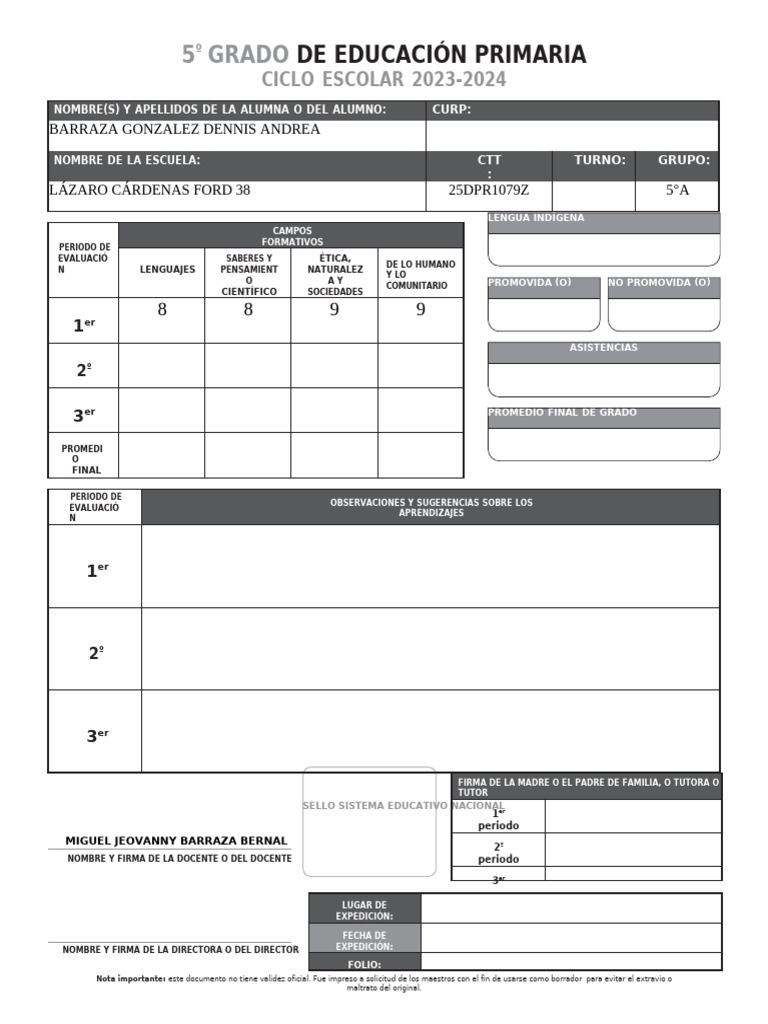 Evaluación 5° Grado Primaria 2023-2024 | PDF | Maestros | Escuelas