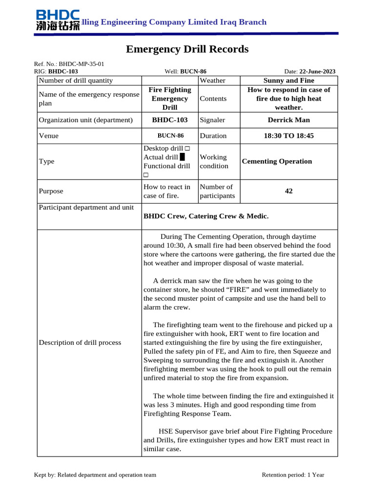 Fire Drill Record at BHDC-103 Rig | PDF | Firefighting | Safety