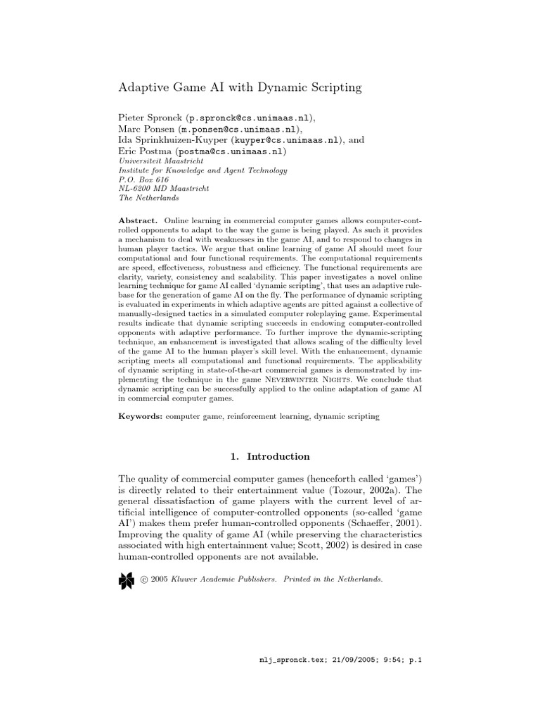 Dynamic Scripting for Adaptive Game AI | PDF | Artificial Intelligence ...