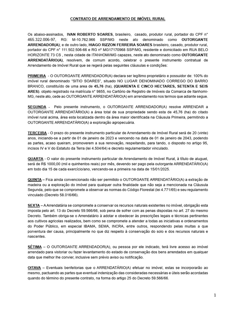 Contrato de Arrendamento Rural 20 Anos | PDF | Leasing | Direito Privado
