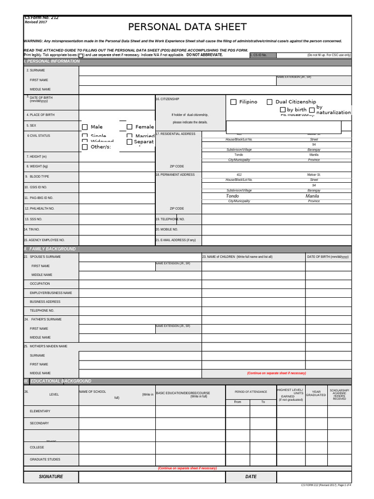Personal Data Sheet Template | PDF | Government And Personhood | Justice