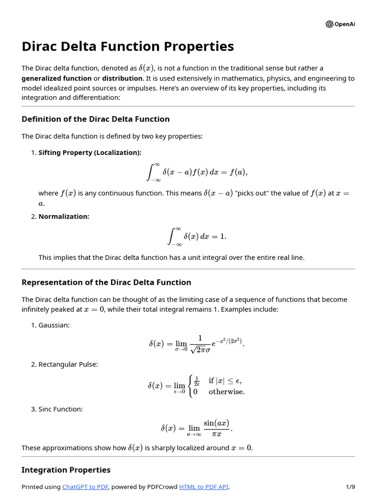 Dirac Delta Function Properties Overview | PDF | Fourier Transform ...