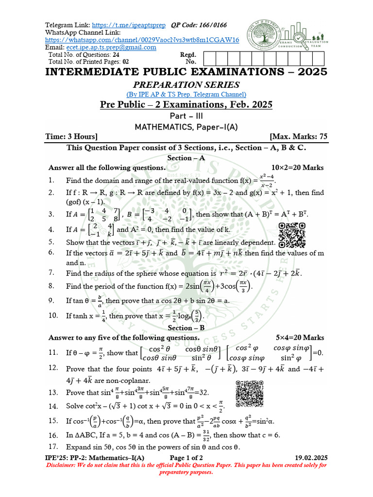 IPE 2025 Mathematics Paper I(A) Prep | PDF | Function (Mathematics ...