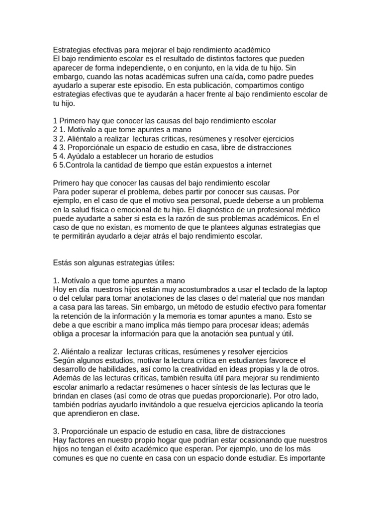Estrategias para mejorar el rendimiento escolar | PDF | Aprendizaje ...
