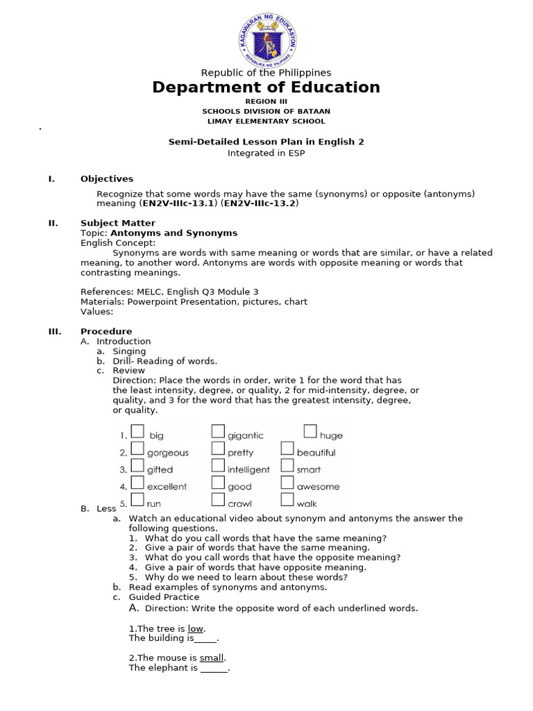 Synonyms and Antonyms Lesson Plan | PDF