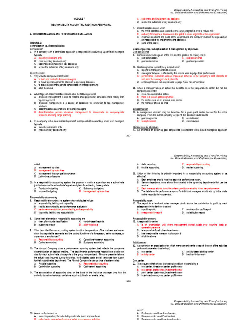 Responsibility Accounting & Transfer Pricing | PDF | Return On ...