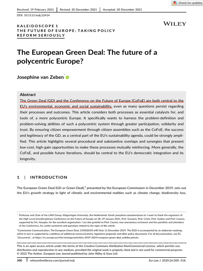 European Law Journal - 2022 - Zeben - The European Green Deal The ...