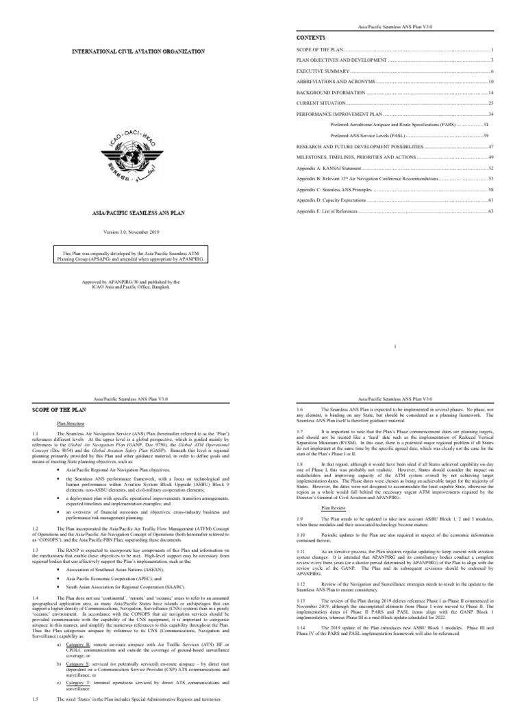 Asia/Pacific Seamless ANS Plan V3.0 | PDF | Air Traffic Control | Aviation