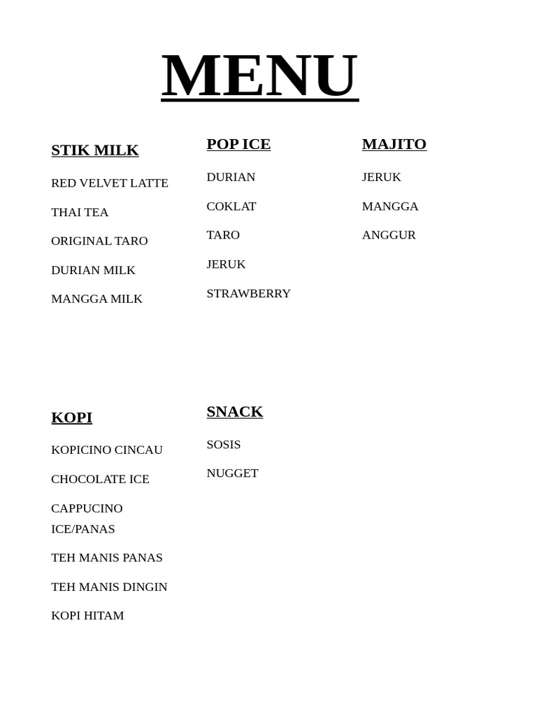 Stik Milk Menu Highlights | PDF