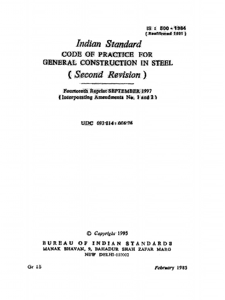 IS 800:1984 Code for Steel Construction | PDF | Bending | Stress ...