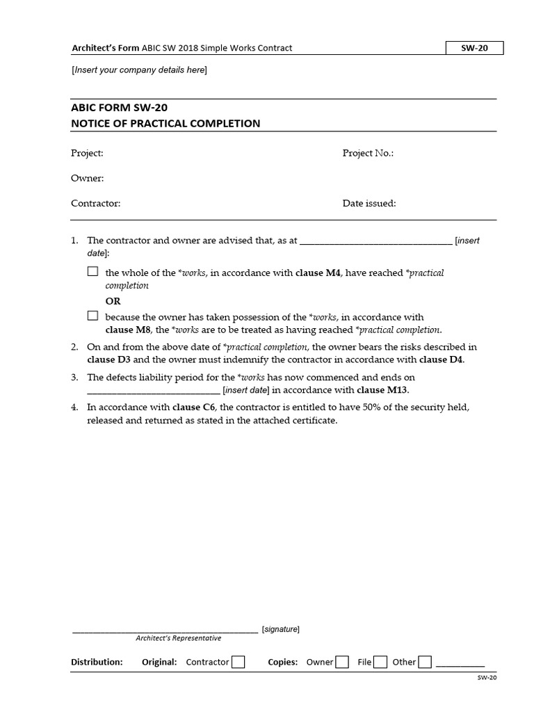 SW-20 Notice of Practical Completion | PDF