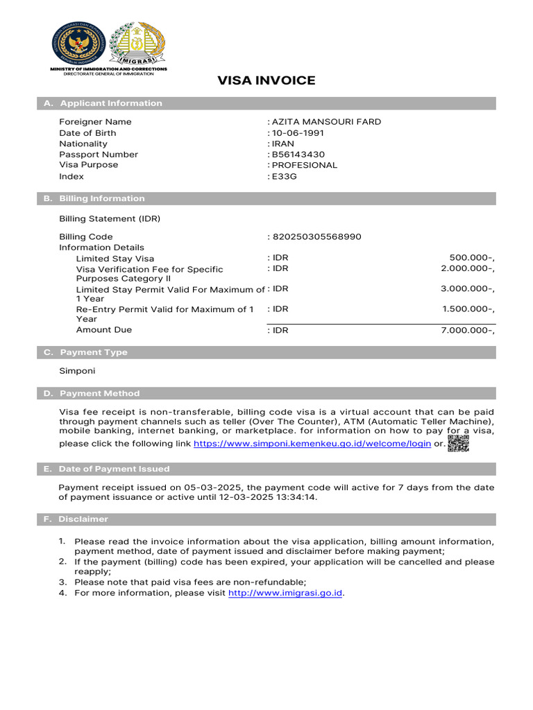 Visa Invoice for Limited Stay Permit | PDF