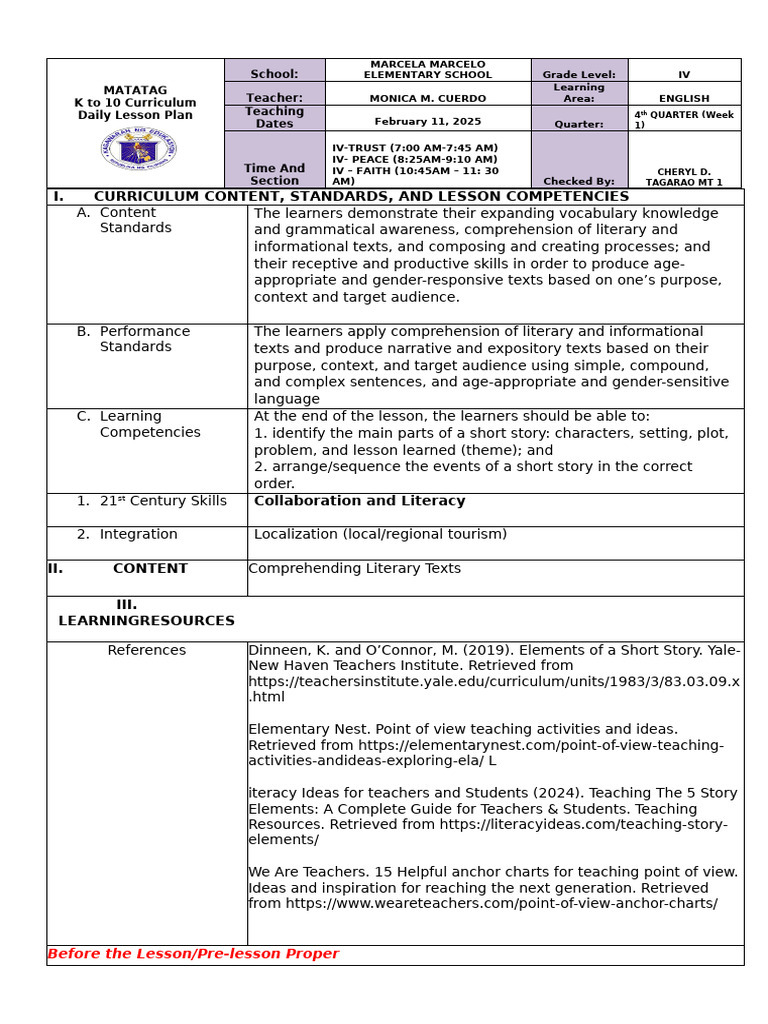 Quarter 4 English Week 1 Day 2 | PDF | Plot (Narrative) | Reading ...
