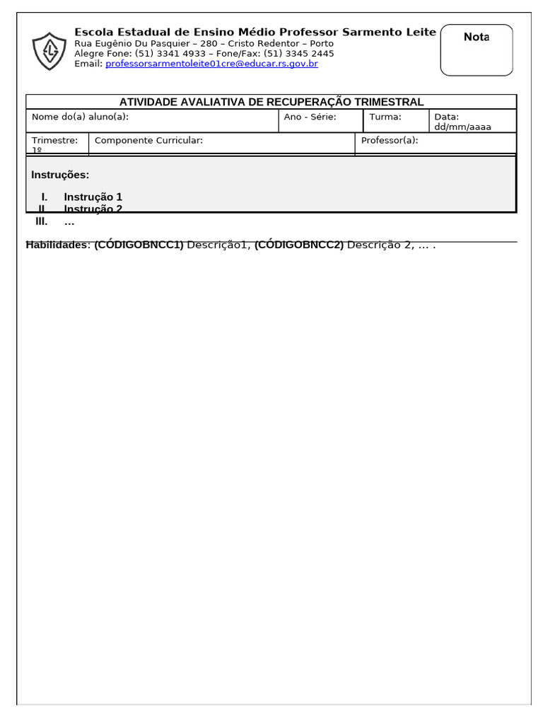 Atividade Avaliativa - Professor Sarmento Leite | PDF