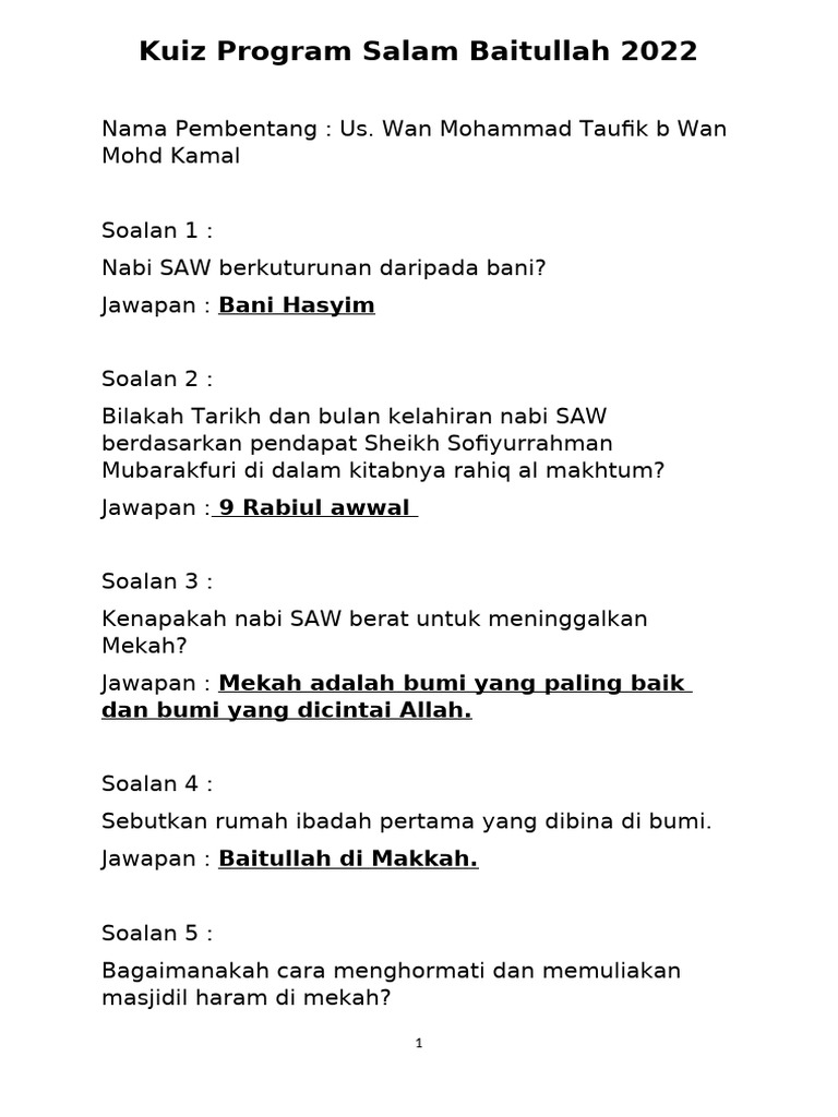 Kuiz Sejarah Nabi dan Baitullah 2022 | PDF