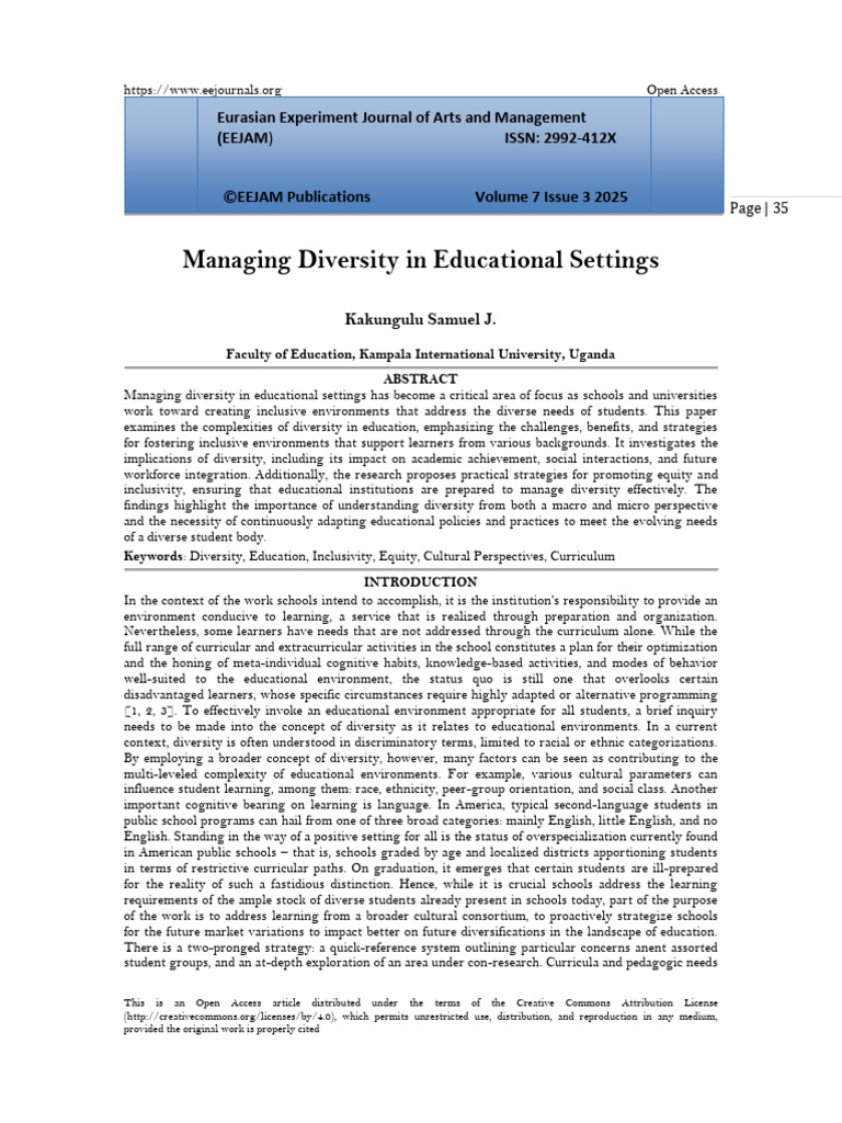 Managing Diversity in Educational Settings (www.kiu.ac.ug) | PDF ...