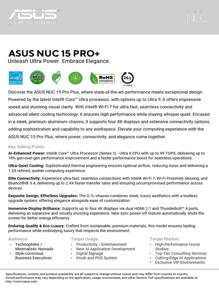 ASUS NUC 15 Pro+ Datasheet | PDF | Hdmi | Usb