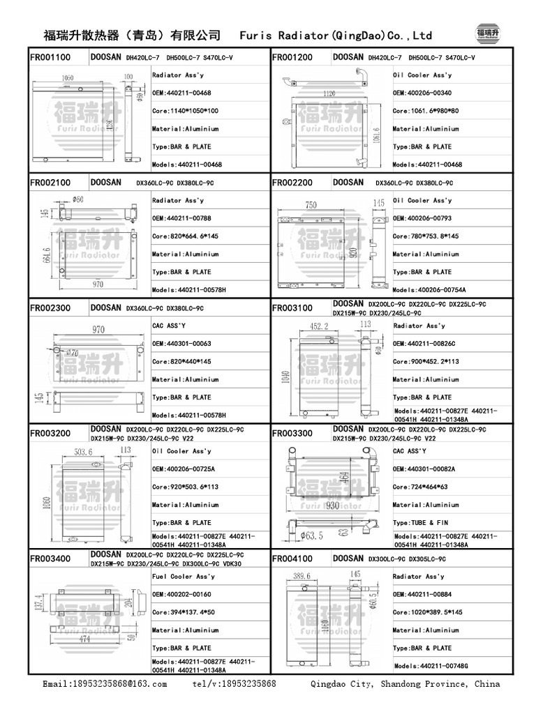 Doosan Radiator Specifications and Models | PDF | Radiator | Vehicle Parts
