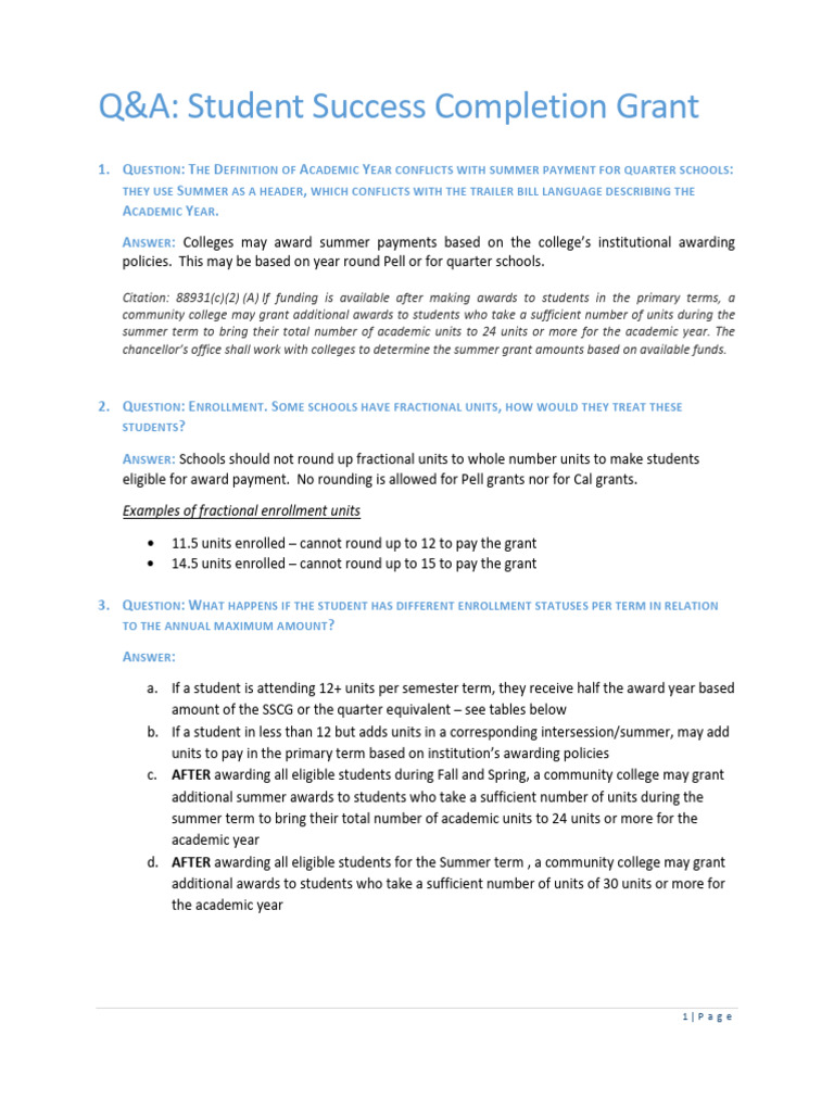 Student Success Completion Grant Q&A | PDF | Student Financial Aid In ...