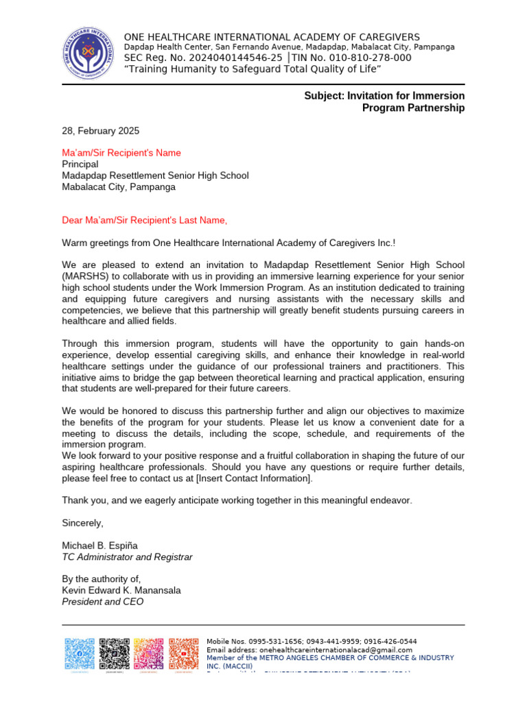 Immersion Program Partnership Invitation | PDF | Health Care