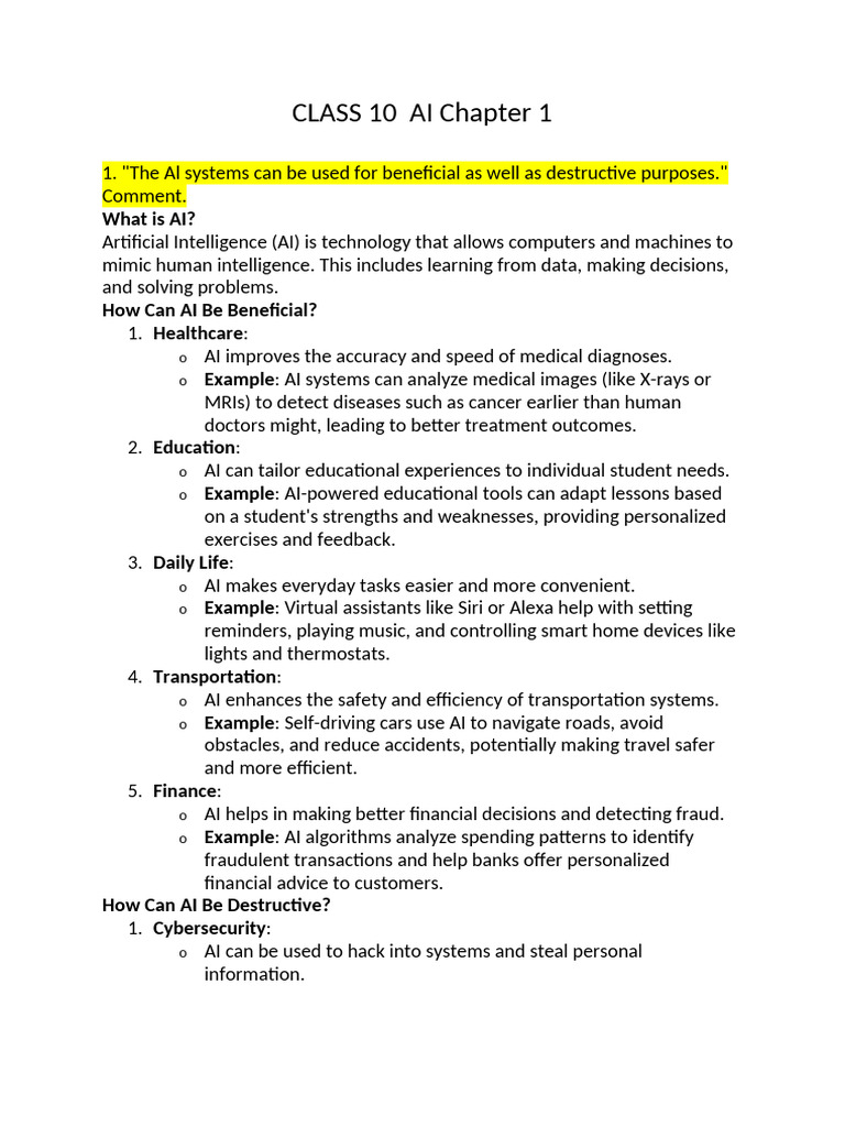 AI Applications and Impacts for Class 10 | PDF | Artificial ...