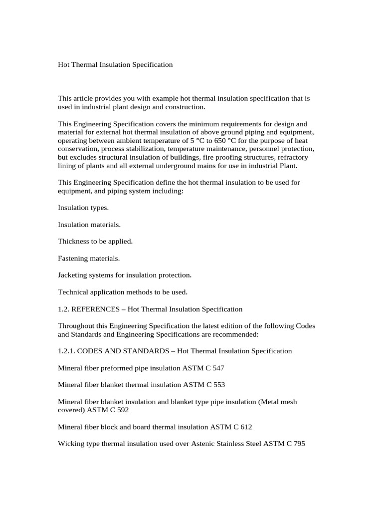 Hot Thermal Insulation Specification Guide | PDF | Thermal Insulation ...