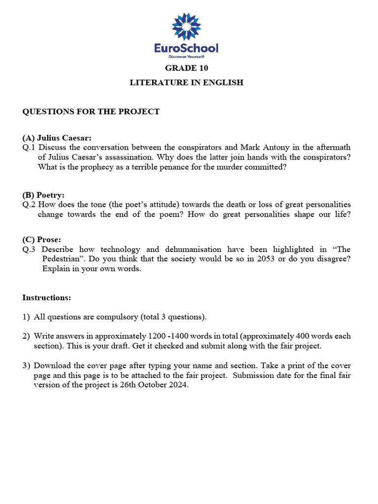 EnglishLiteratureProjectQPInstructions PDF | PDF