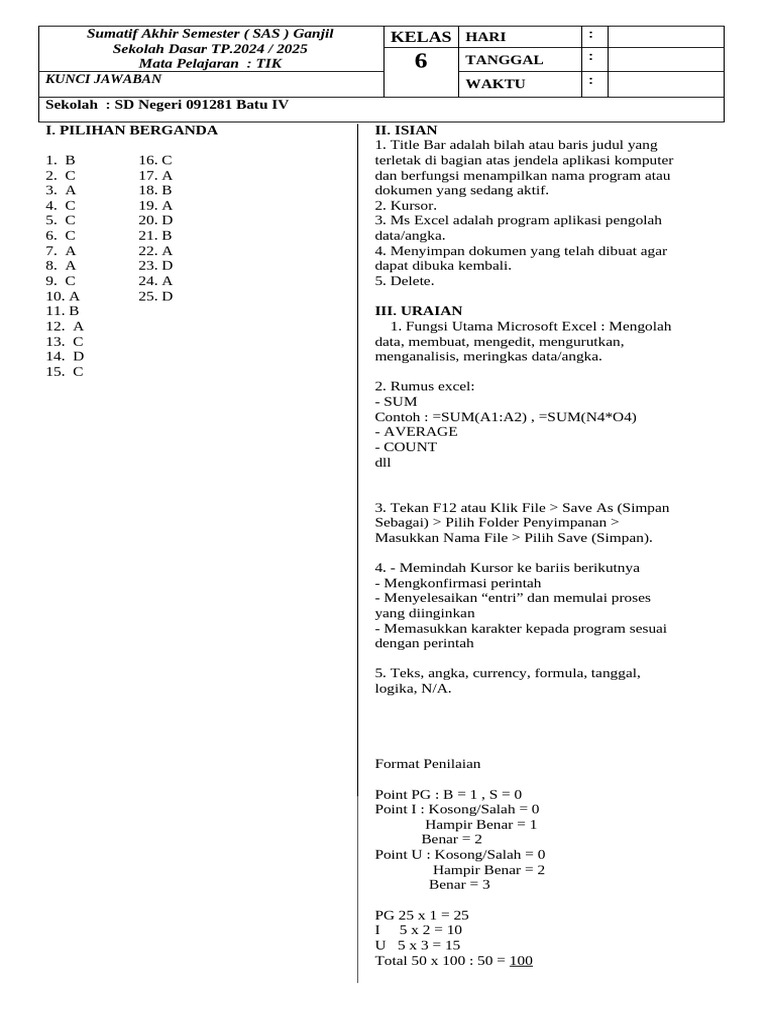 Soal TIK Kelas 6 dan Kunci Jawaban PDF