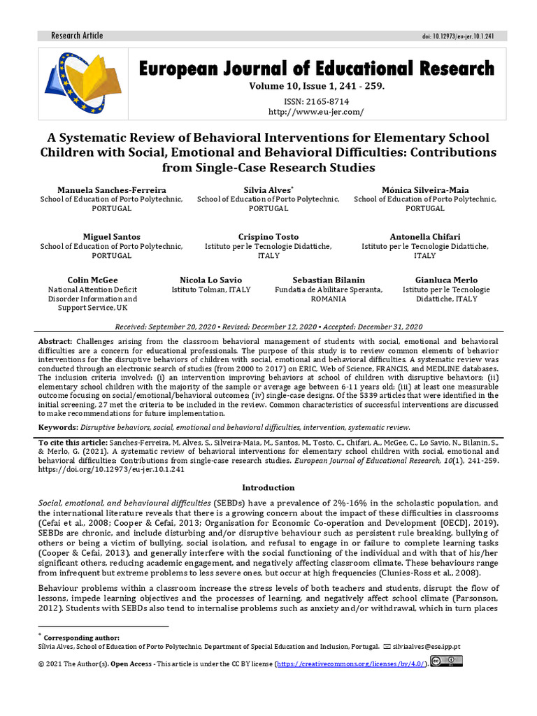 Behavioral Interventions for SEBD in Kids | PDF | Systematic Review ...