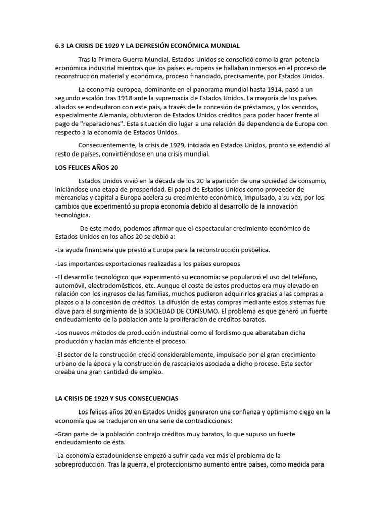 Crisis Del 1929 Apuntes - Español | PDF | Gran depresion | Nuevo acuerdo