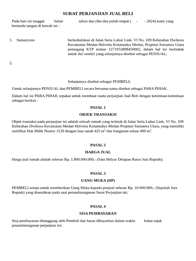 Perjanjian Jual Beli Rumah Medan | PDF