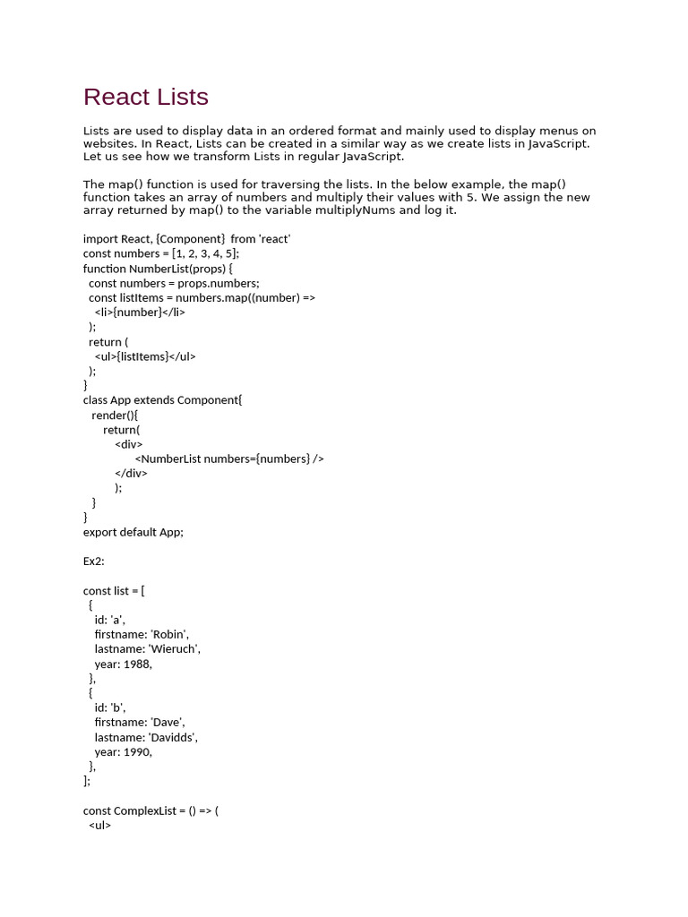 Creating Lists in React Components | PDF