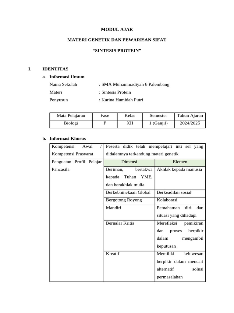 Modul Sintesis Protein SMA Muh 6 Palembang | PDF