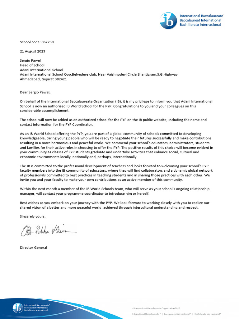 Adani International School IB PYP Authorization | PDF