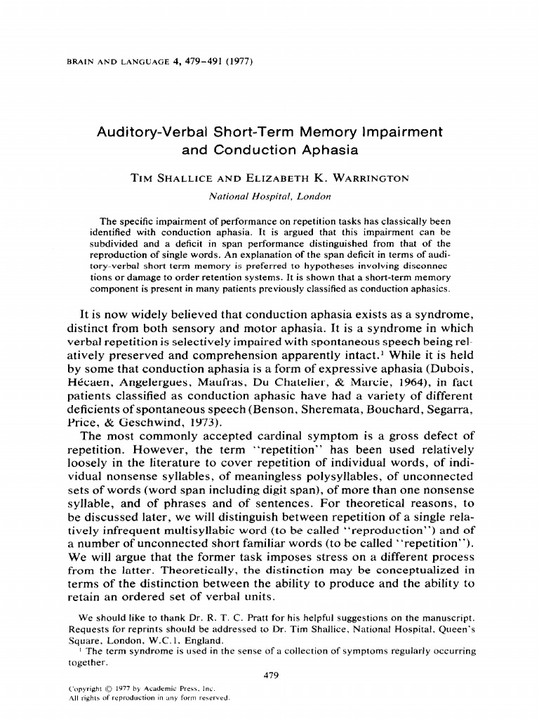 Auditory Verbal Short Term Memory Impair | PDF | Aphasia | Memory