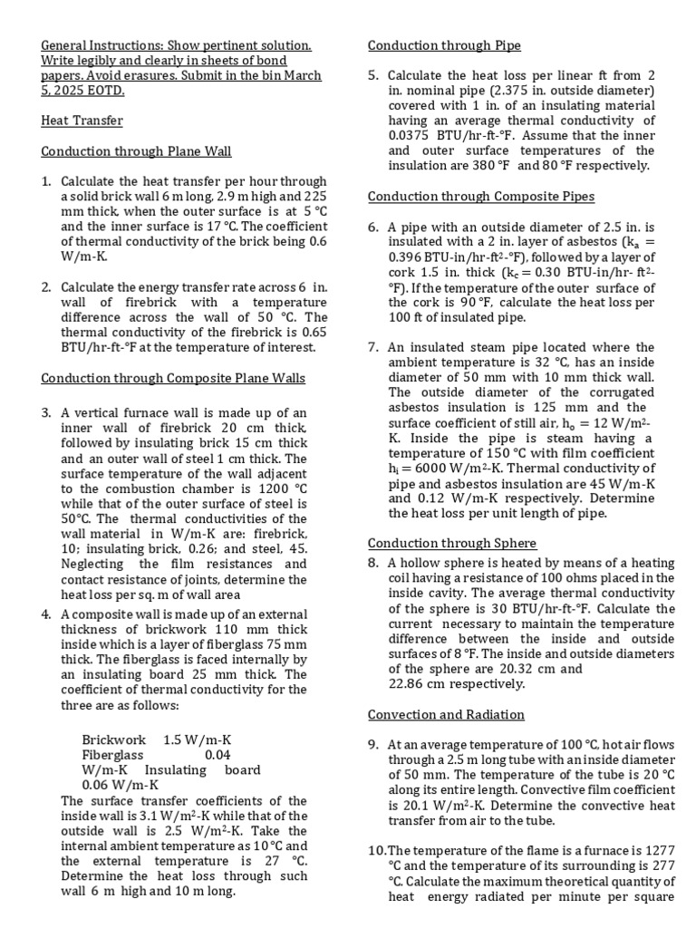 Heat Transfer Problem Set | PDF | Thermal Insulation | Heat Transfer
