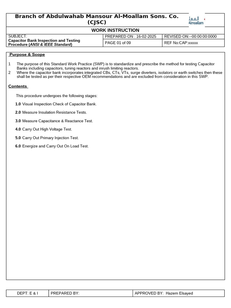 Capacitor Bank Testing Procedure Guide | PDF | Capacitor | Capacitance