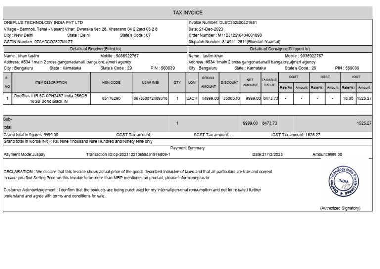 OnePlus 11R Invoice - December 2023 | PDF | Invoice | Taxation
