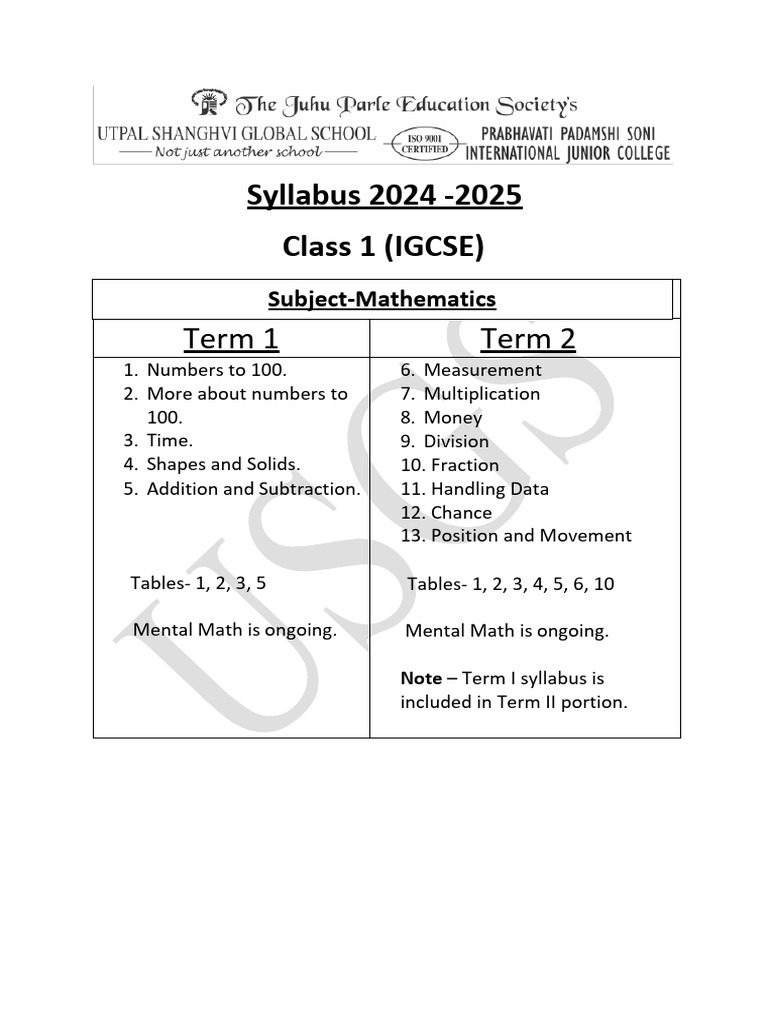 Syllabus Mathematics 24 - 25 CLASS 1 - Term 2 | PDF