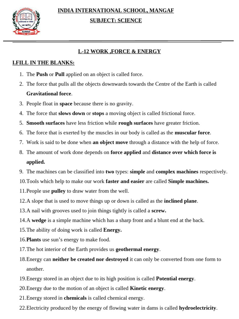 Iis W Class 4 L-12 Work, Force and Energy | PDF | Force | Friction
