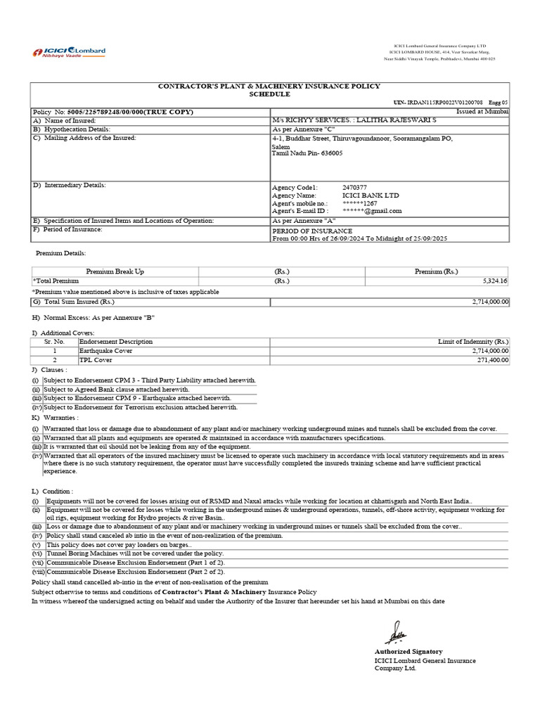 ICICI Machinery | PDF | Indemnity | Insurance