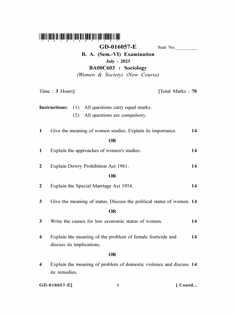 Sociology Exam: Women & Society Topics | PDF | Women's Rights ...
