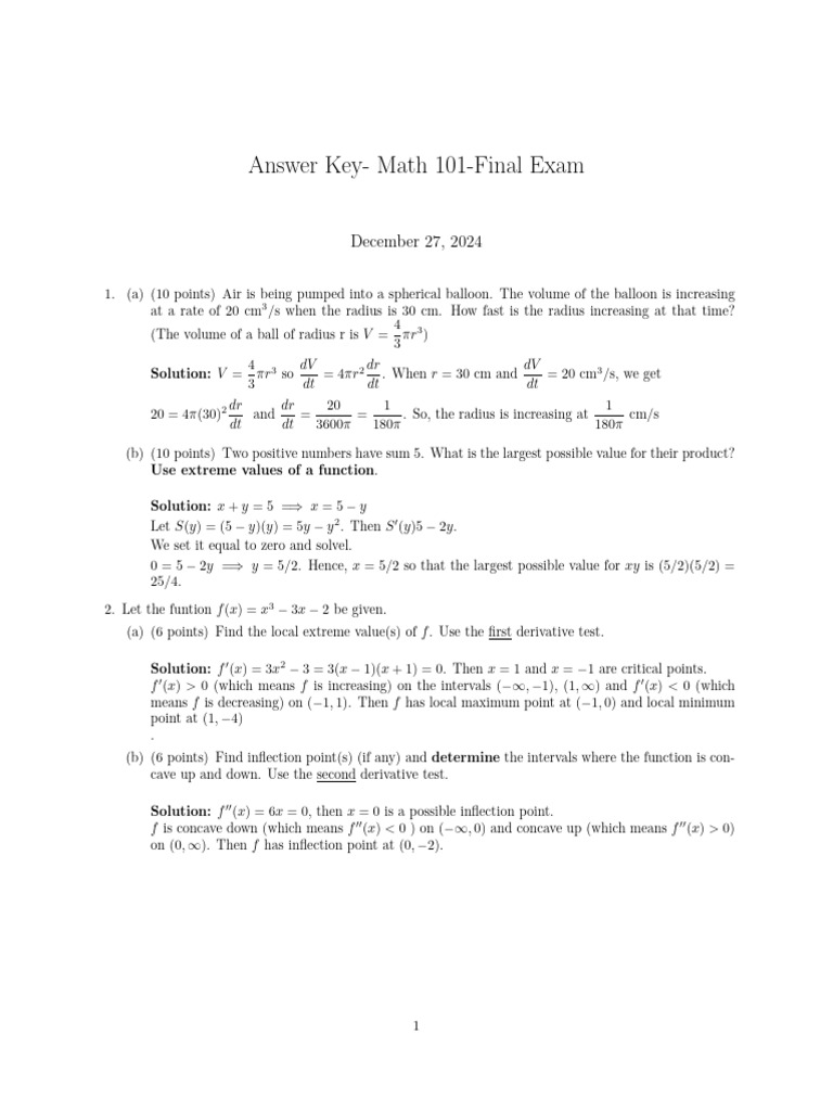 Math 101 Final Exam Answer Key | PDF | Mathematical Relations | Calculus
