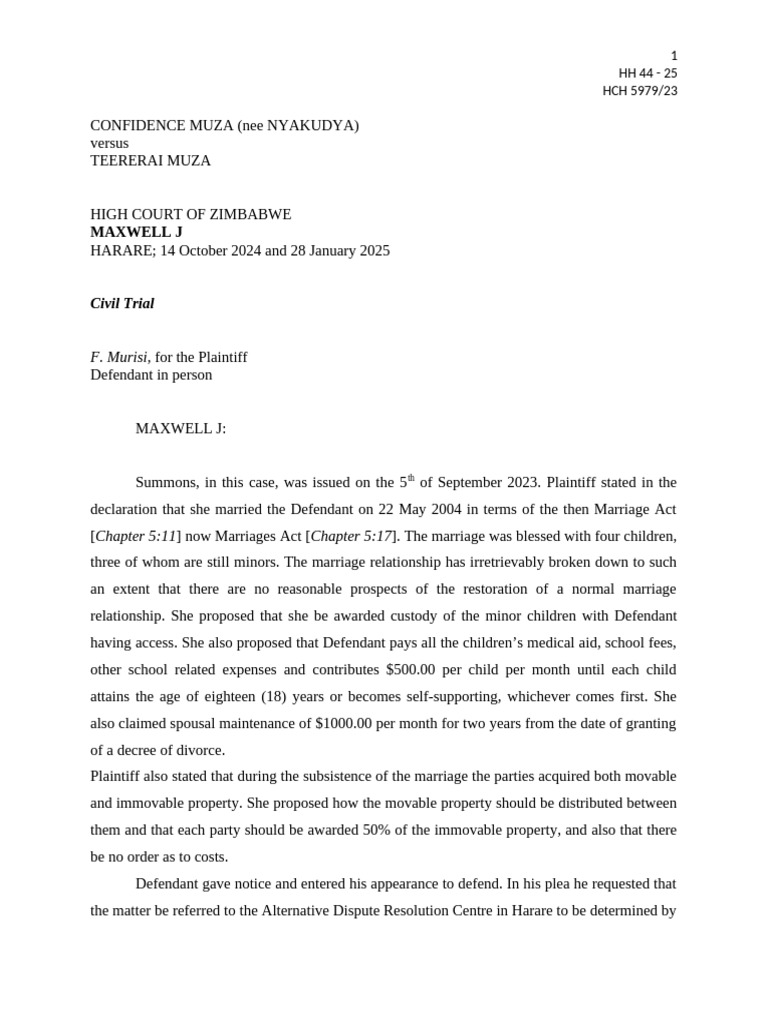 Divorce Case: Muza v Muza, 2025 | PDF | Child Custody | Marriage