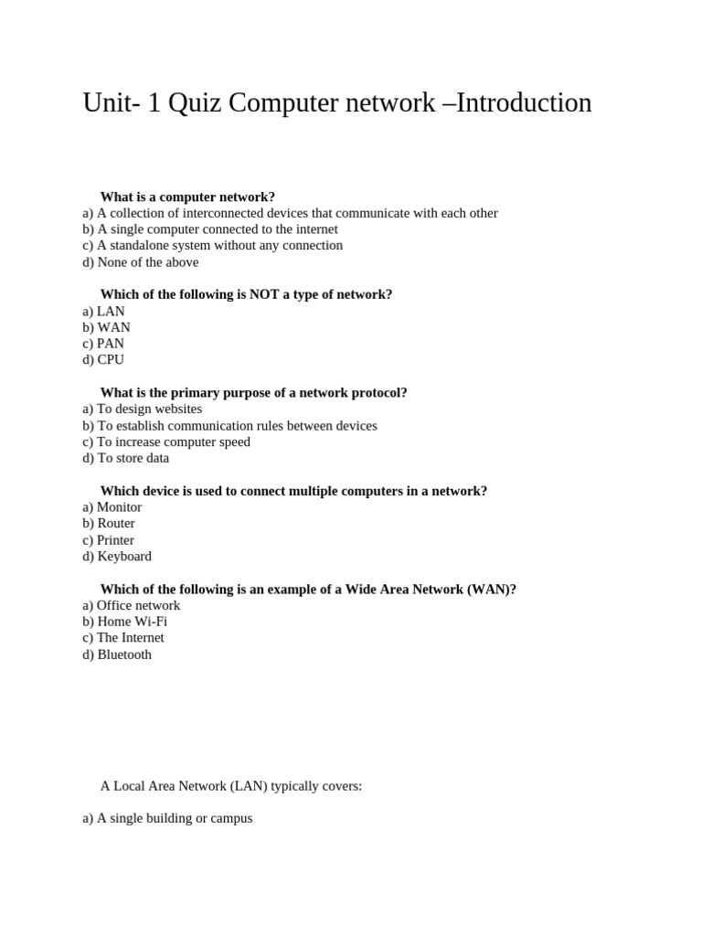 Computer Network Quiz: Basics & Protocols | PDF | Computer Network ...