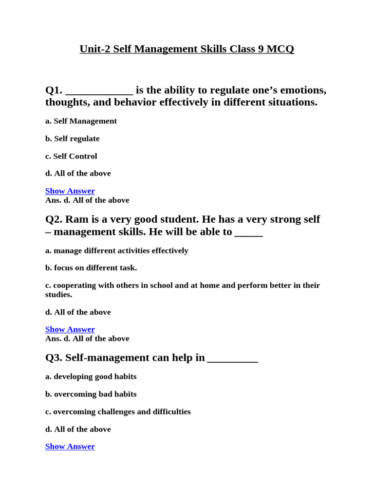 Class 9 Self Management Skills MCQs | PDF | Self Awareness | Self Control