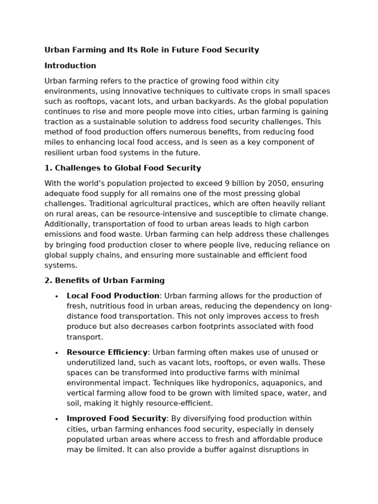 Urban Farming and Its Role in Future Food Security - Tejas | PDF ...
