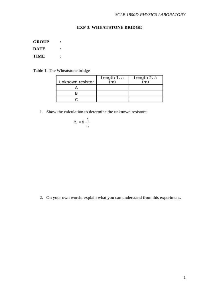 Wheatstone Bridge Experiment Analysis | PDF